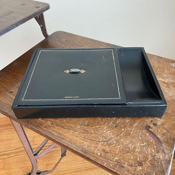 Vintage Dresser Caddy Faux Leather Box with Lid Red Flocked Velvet Valet - Picture 3 of 10